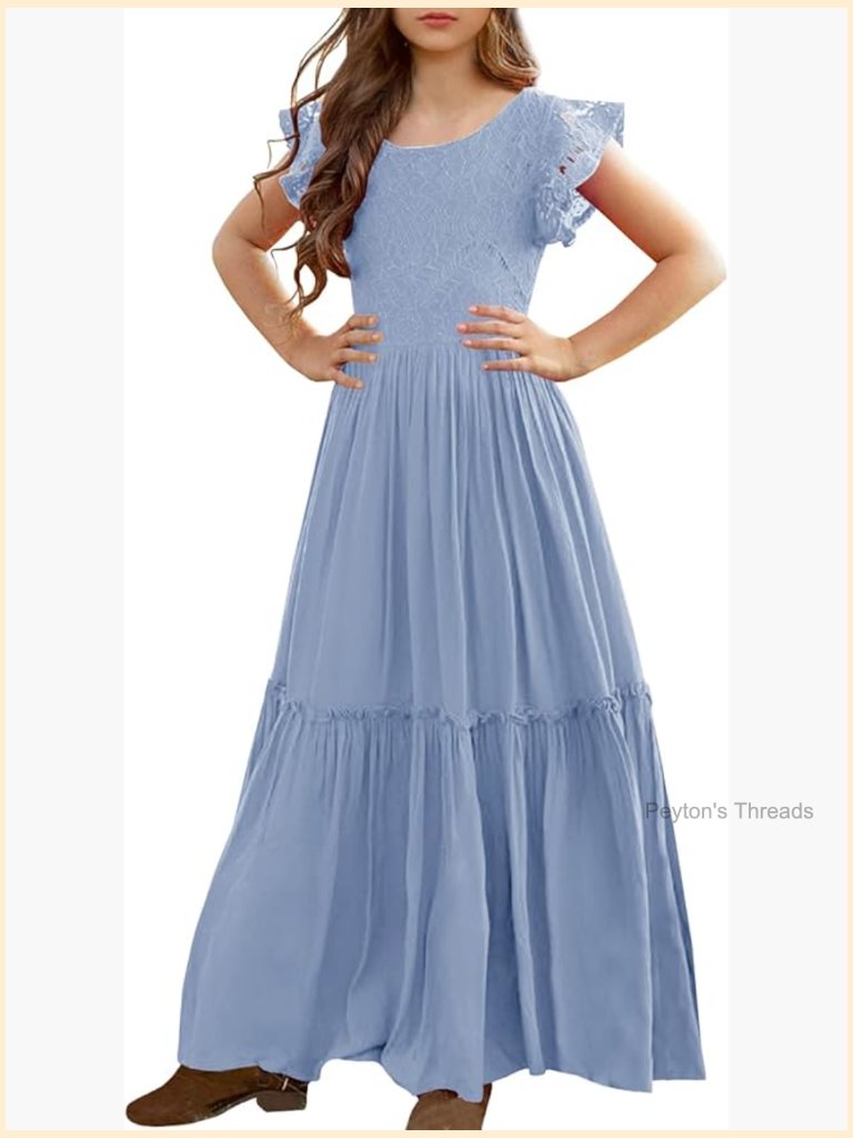 Lace Flower Ruffle Sleeve A-Line Swing Wedding Party Maxi Dress With Pockets